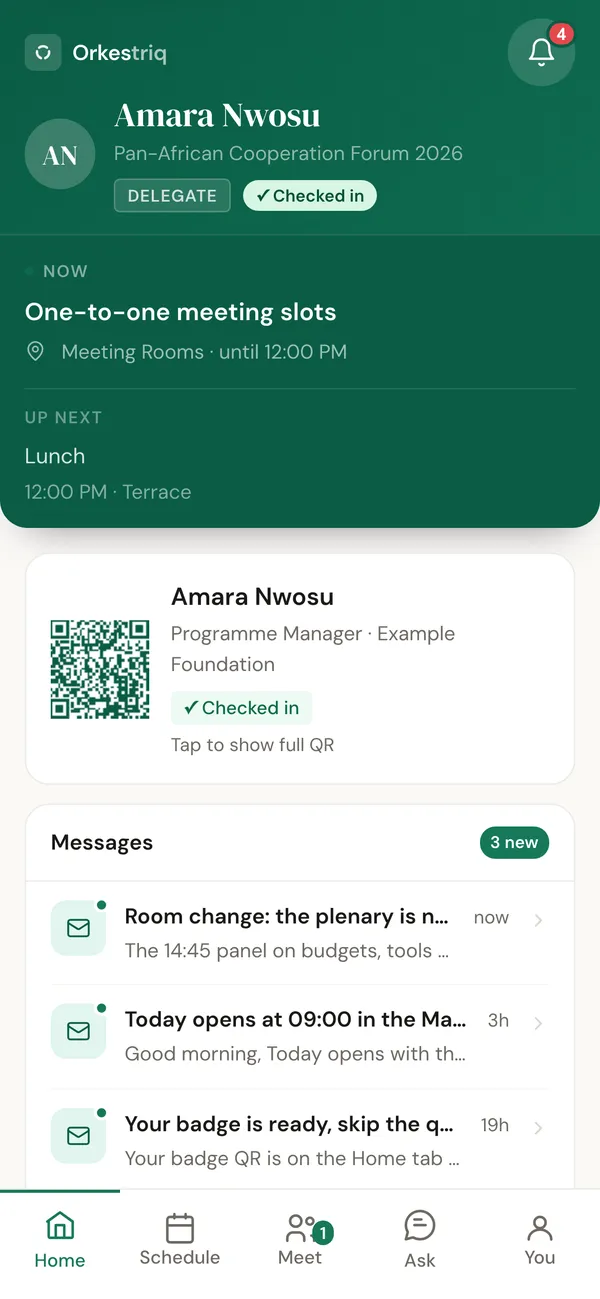 Orkestriq delegate portal on a phone: the delegate's next session, badge QR code and messages.